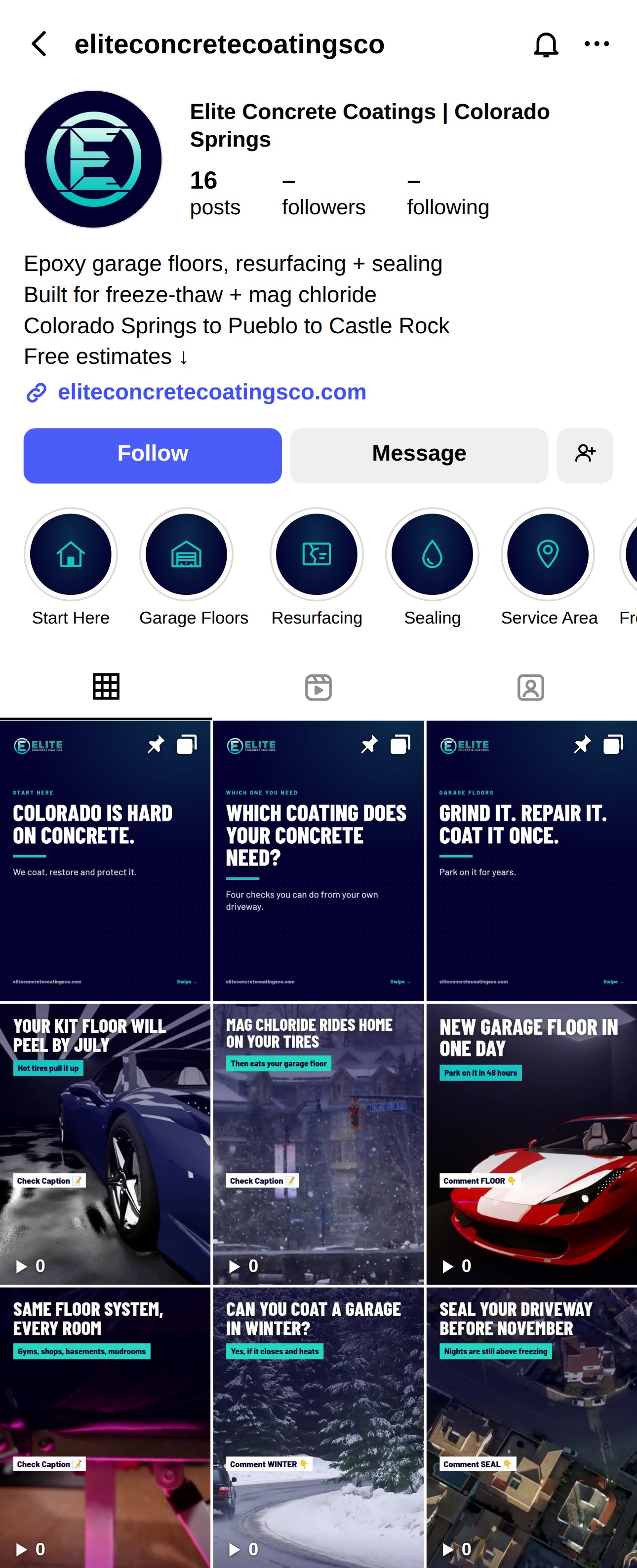 The eliteconcretecoatingsco Instagram profile with the six highlight covers, the three pinned carousels and the first reels mocked in